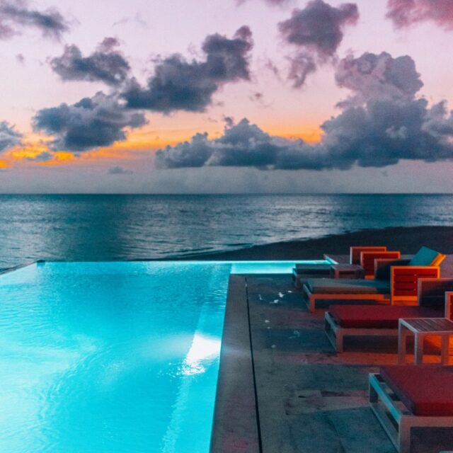 Beautiful sunset as viewed from the infinity pool at Manta Island Resort.