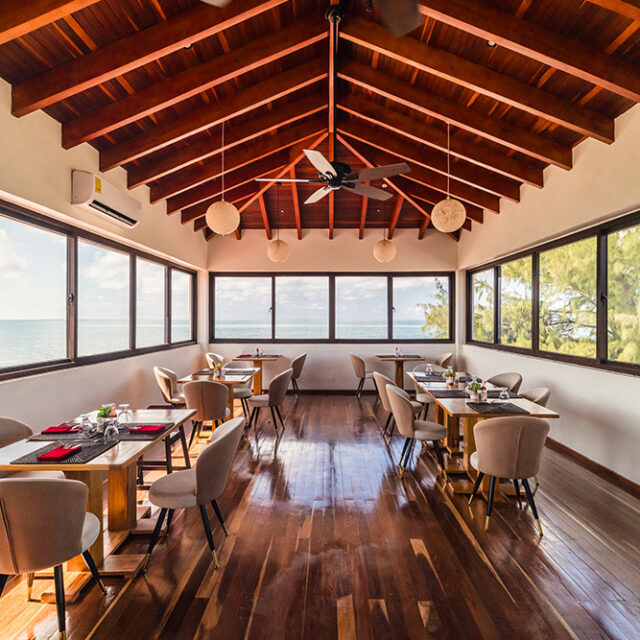 Upstairs Restaurant at Manta Island Resort with gorgeous views of the ocean.