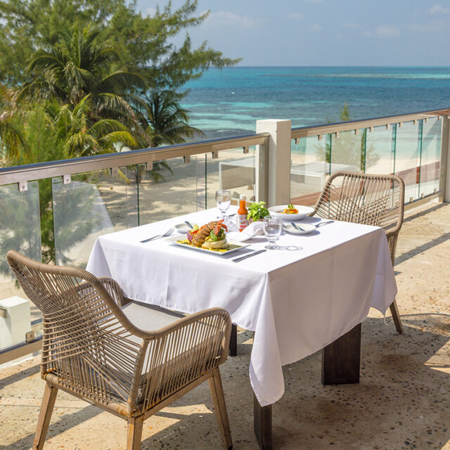 Served lunch on the restaurant roof terrace of Manta Island Resort.