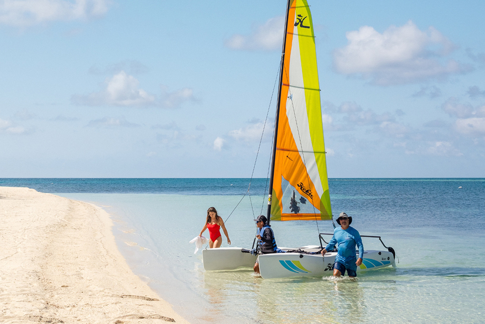 Hobie Cat sailing on Belize private island beach